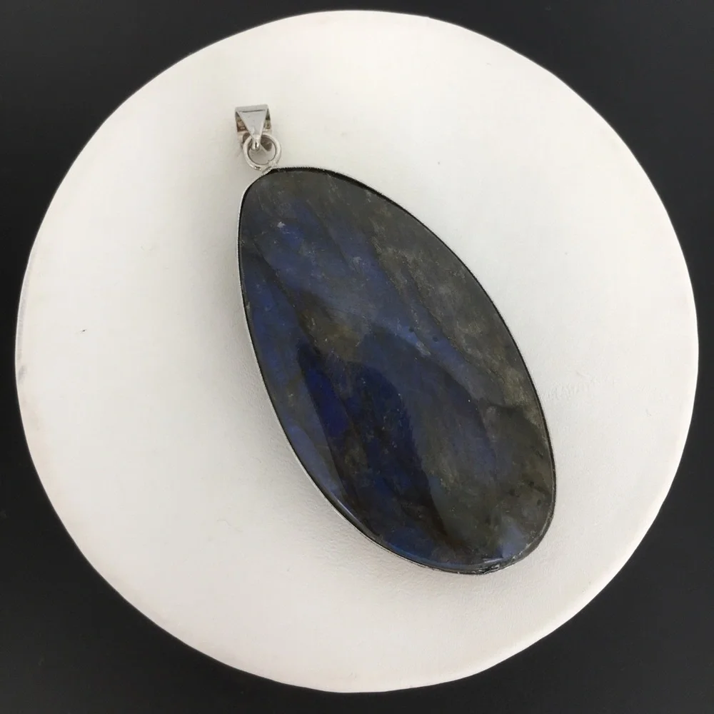 Labradorite Blue Green Flash Large Pendant Oval Natural Stone Silver Metal Wrap